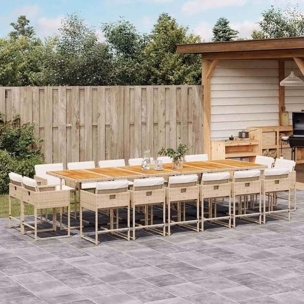 Set da Pranzo da Giardino vidaXL 17 pz in Polyrattan con Cuscini Beige e Tavolo in Legno di Acacia