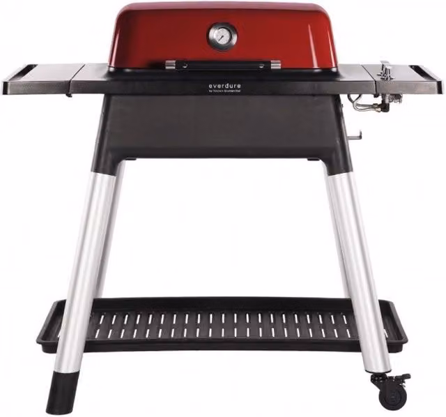 Barbecue a gas Everdure FORCE in alluminio rosso con ruote e rack riscaldante in ghisa