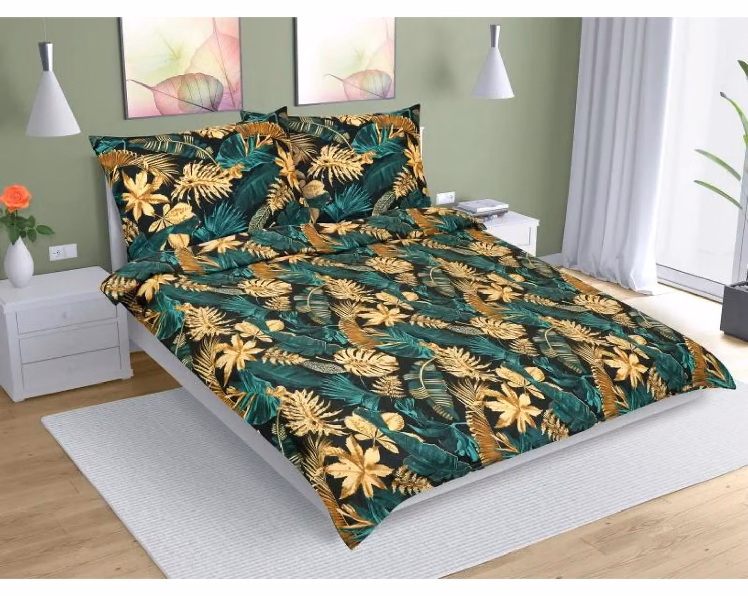 Biancheria da letto in cotone - 140x200 cm. 70x90 - verde, grigio