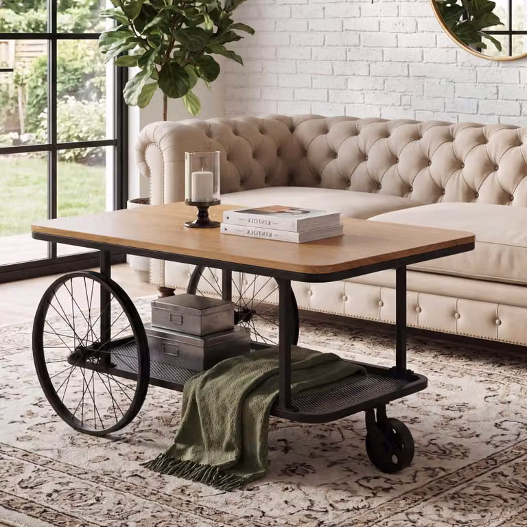Tavolino HWC-Q69, tavolino da salotto, in legno stile industriale retrò con cerchio, 54x100x60 cm ~ naturale, nero