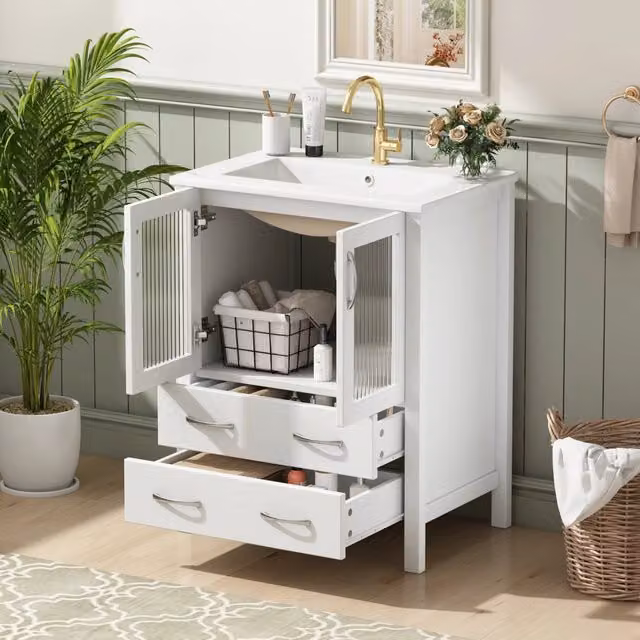 Mobile bagno 61x47x86 cm con lavabo in ceramica; cassetti e porta in vetro rigato MDF bianco