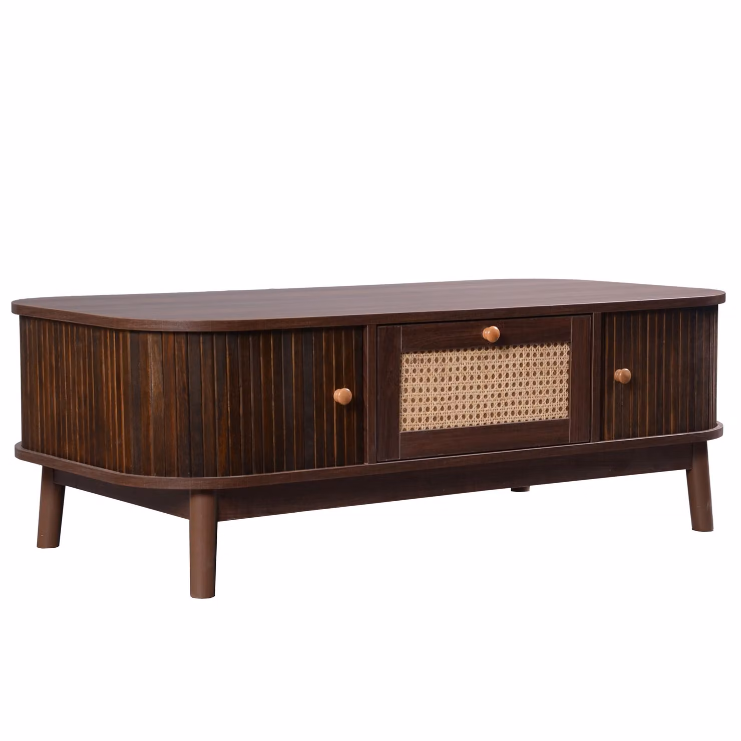 Tavolino da salotto rettangolare in rattan e legno massello con cassetti e ante a listelli, color beige e marrone, Aosom – 2