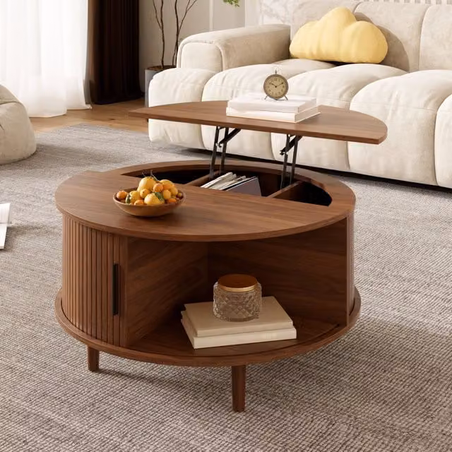 Tavolino basso alzabile rotondo con vano diviso e anta scorrevole in MDF color noce 80 × 80 × 59 cm