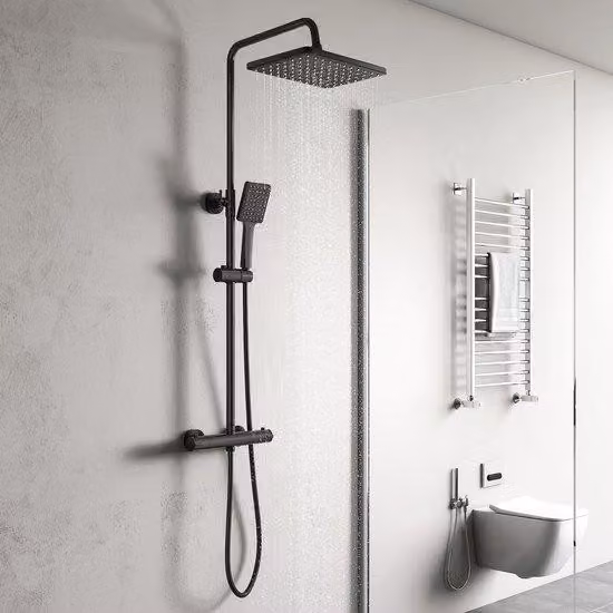 Uniqoos® Elegante sistema doccia nero – soffione a pioggia regolabile in altezza da 800 a 1200 mm, termostatico a 38 °C, soffione e doccetta orientabili a 360°, in ottone/acciaio inossidabile/ABS