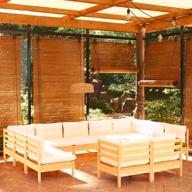 Set di Divani da Giardino a Forma di U vidaXL in Legno di Pino Massello con 11 Cuscini Beige – 1
