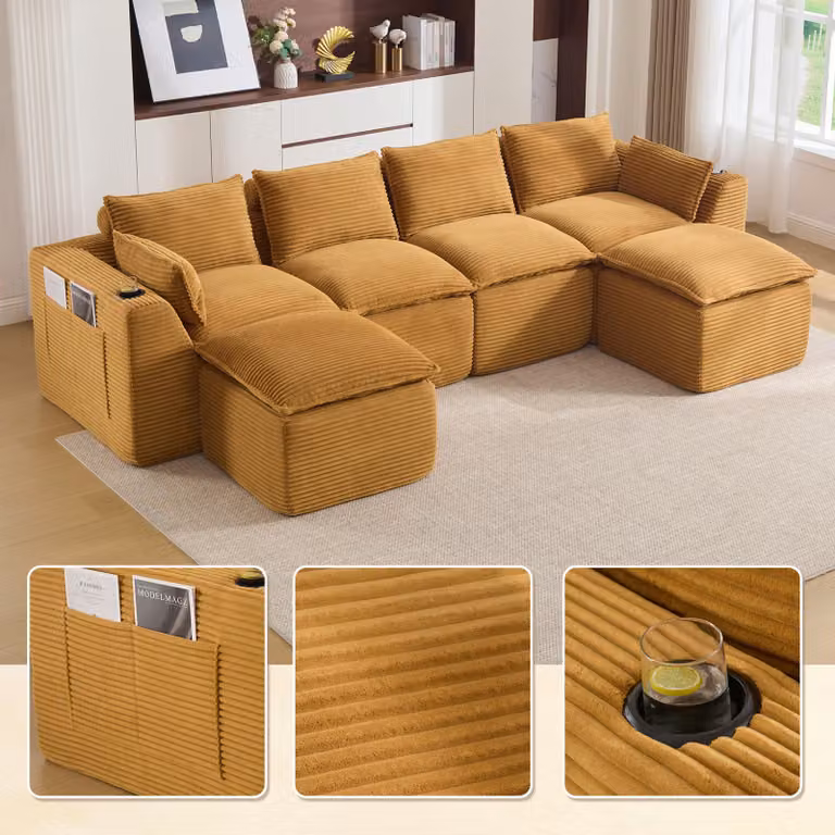 Divano componibile LVHOM XXL a 4 posti in velluto, divano a L con portabevande e tasche laterali, divano grande, 322 cm, giallo
