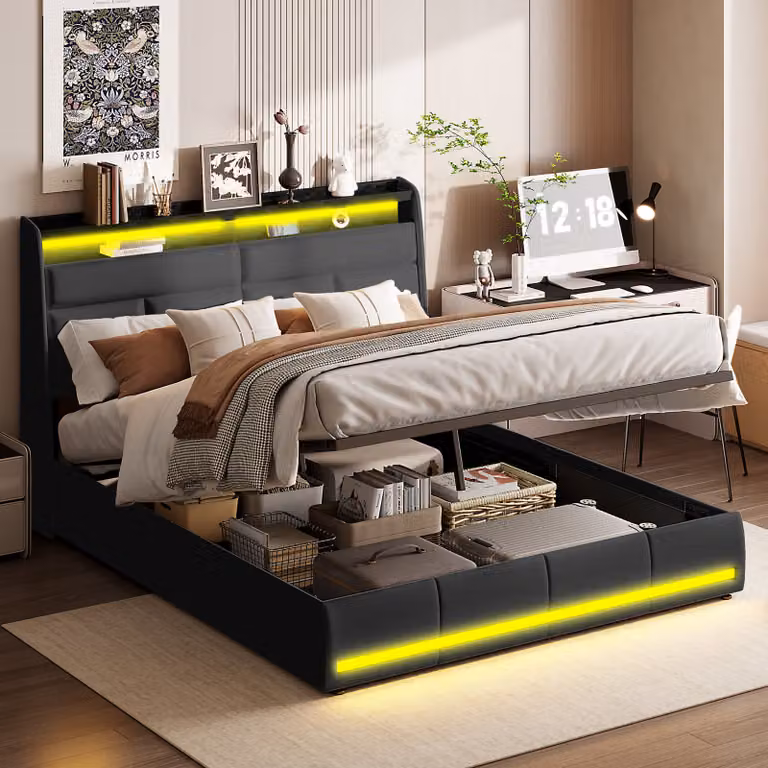 letto 160x200 cm con contenitore, rete a doghe, connessione USB, illuminazione LED, struttura letto con contenitore e testata, nero
