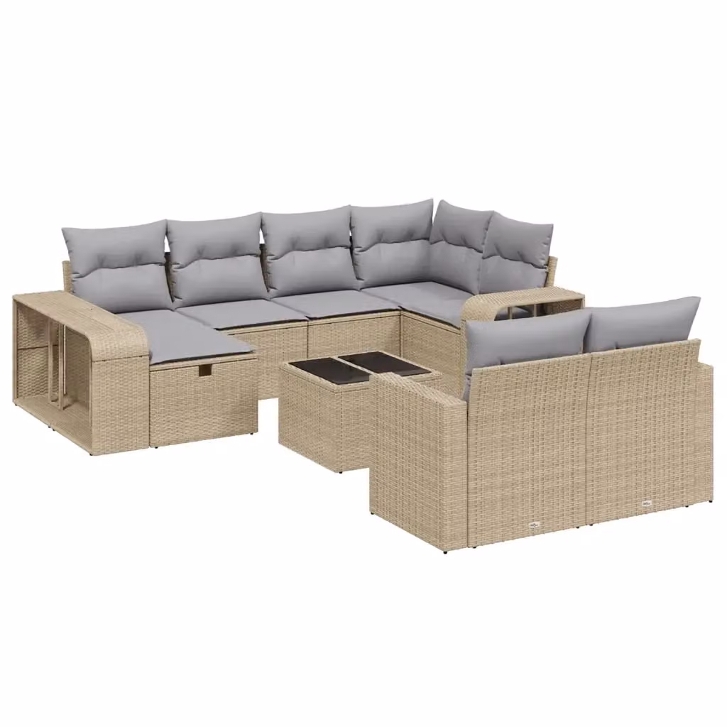 Set di divani da giardino vidaXL 11 pz a forma di U con cuscini beige e tavolino in vetro e struttura in metallo e rattan – 2
