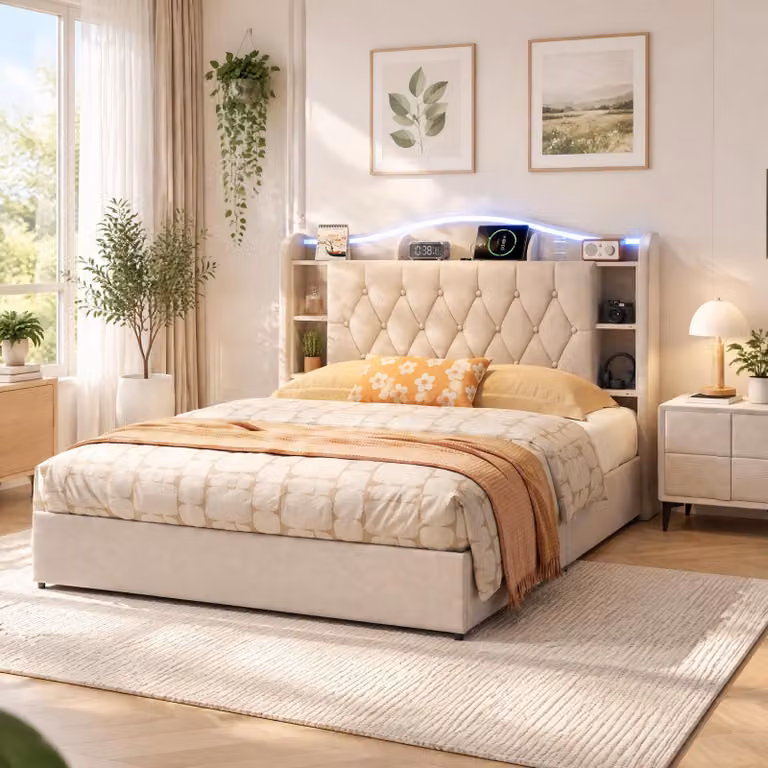 Letto contenitore con boxspring, 140x200 cm, con LED/USB, imbottito, con contenitore, letto con spazio contenitivo, struttura letto per giovani con rete a molle, in velluto, color beige