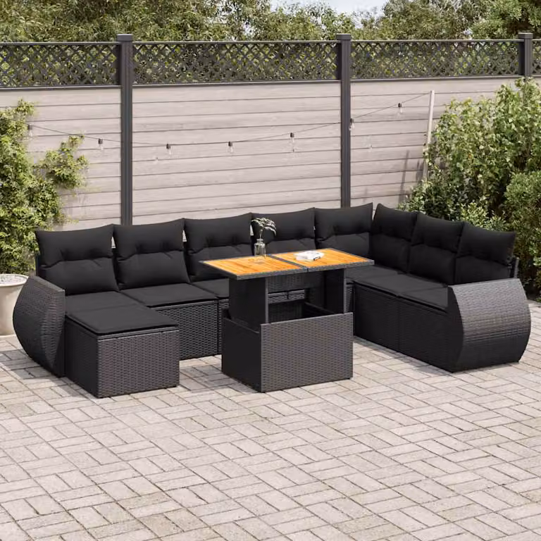 Set di divani da giardino vidaXL 9 pz in polyrattan nero con cuscini e tavolino da esterno a forma di L
