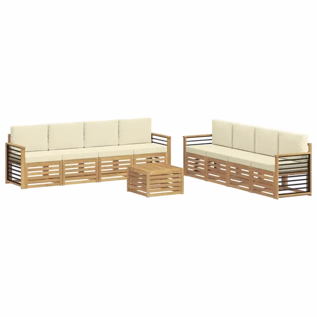 Set di divani da esterno vidaXL in legno di acacia con tavolino e cuscini, Bianco e Beige – 2