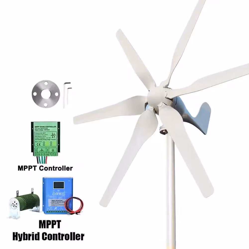 Turbina eolica da 3000W - Generatore eolico ad asse orizzontale SP-3000 - 24V, sistema autonomo per l'alimentazione domestica - 6 pale - Generatore a magneti permanenti trifase - Pale in fibra di nylon - Regolatore di carica ibrido