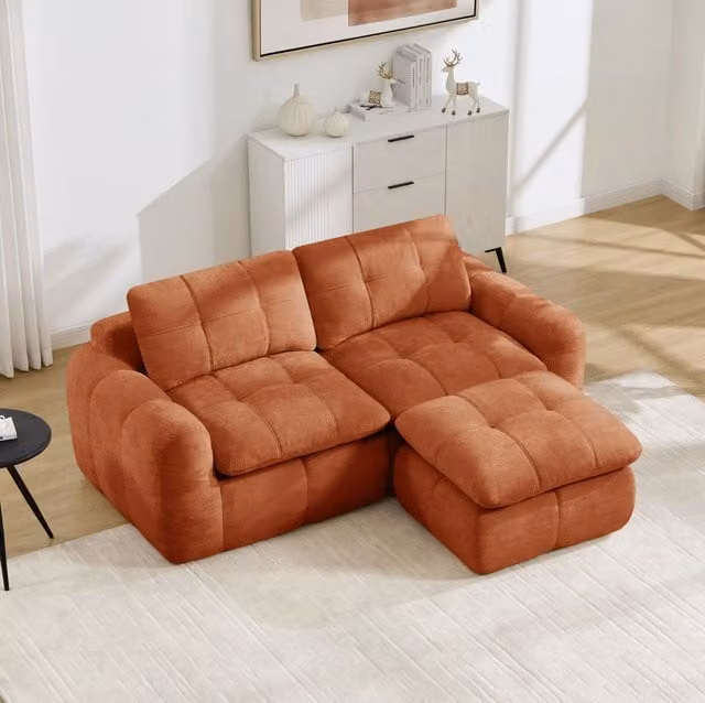 Divano modulare angolare 194x160 cm arancione in ciniglia con ottomana