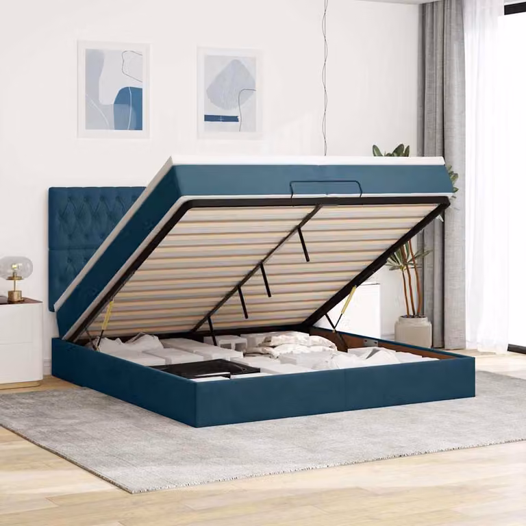 Letto con contenitore a sollevamento vidaXL in velluto blu e bianco L: 200 cm, P: 200 cm, H: 128 cm