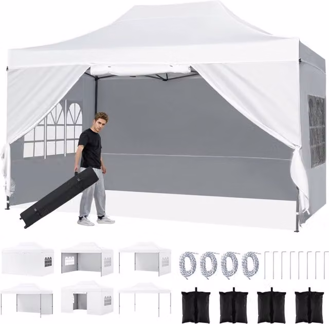 Gazebo da giardino 3 x 4,5 m con 4 pareti laterali removibili, Gazebo da esterno pieghevole altezza regolabile Bianco