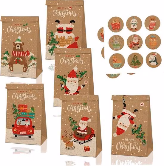 Set Azomor con 12 bustine regalo natalizie con motivi festivi e adesivi