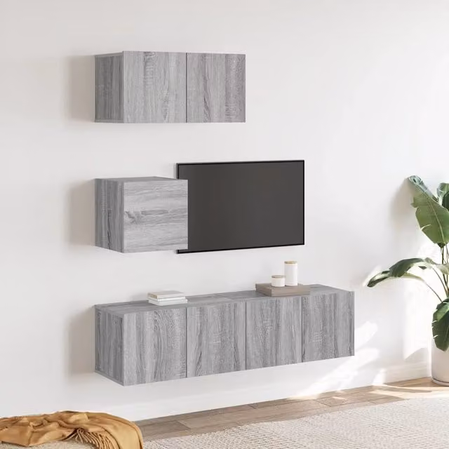 Set di mobili porta TV da soggiorno vidaXL in legno multistrato, 4 pezzi, colore grigio, modello classico a parete
