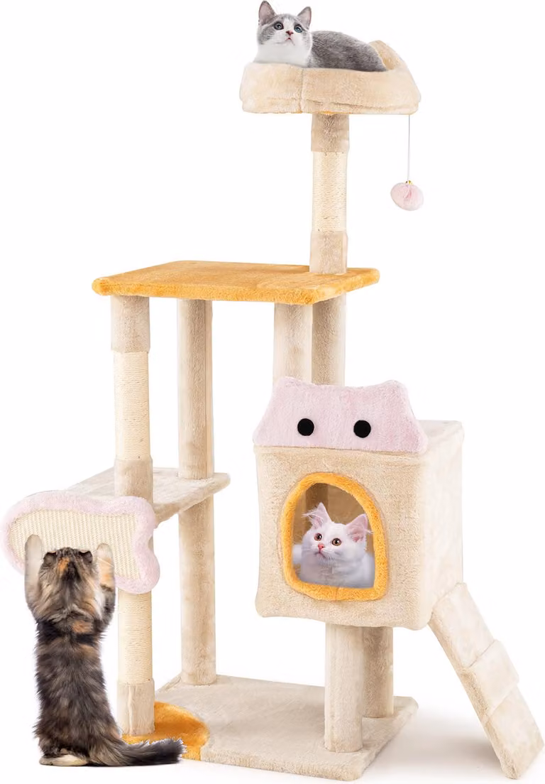 Tiragraffi COSTWAY piccolo, albero per gatti con seduta in peluche, tiragraffi a forma di pesce, grotta, palla, rampa e tiragraffi in sisal, tiragraffi in legno per gatti, beige