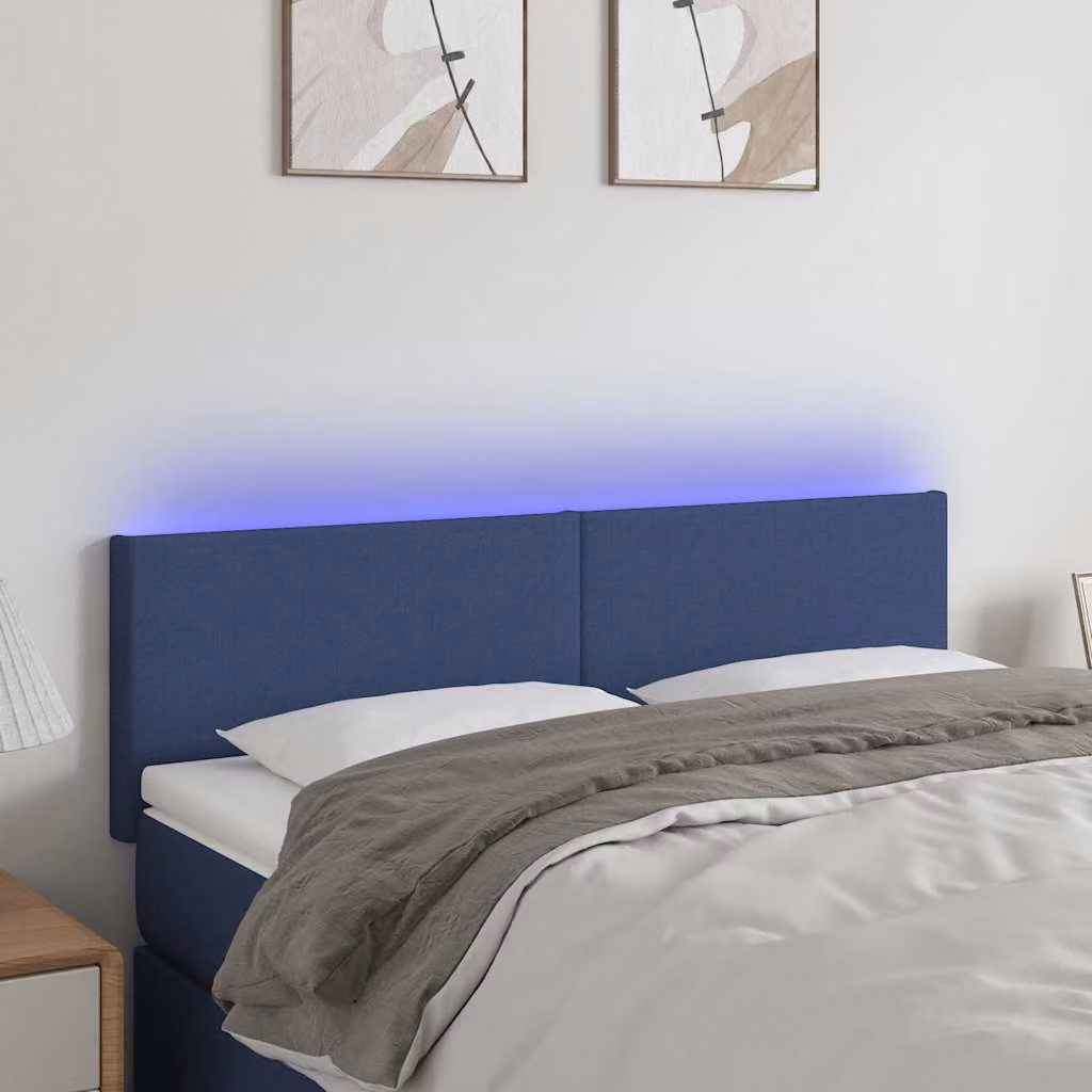 Testiera per letto vidaXL in tessuto blu con illuminazione LED e porta USB, L 144 x P 5 x H 78/88 cm