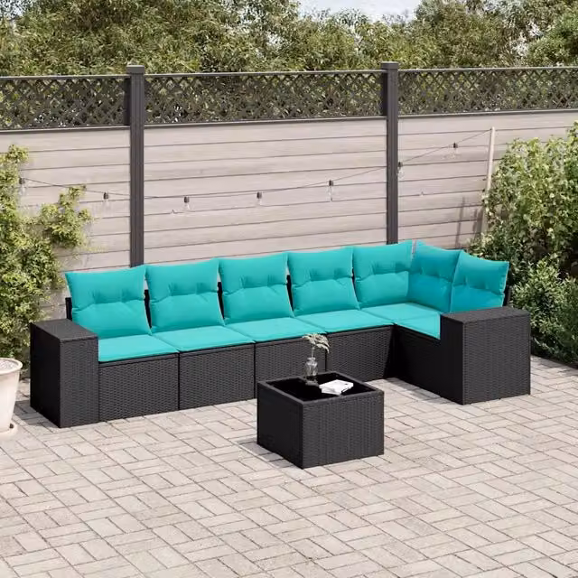 Set da giardino vidaXL composto da 7 pezzi con divani, elementi angolari, tavolino da caffè e cuscini in polyrattan nero e struttura in metallo