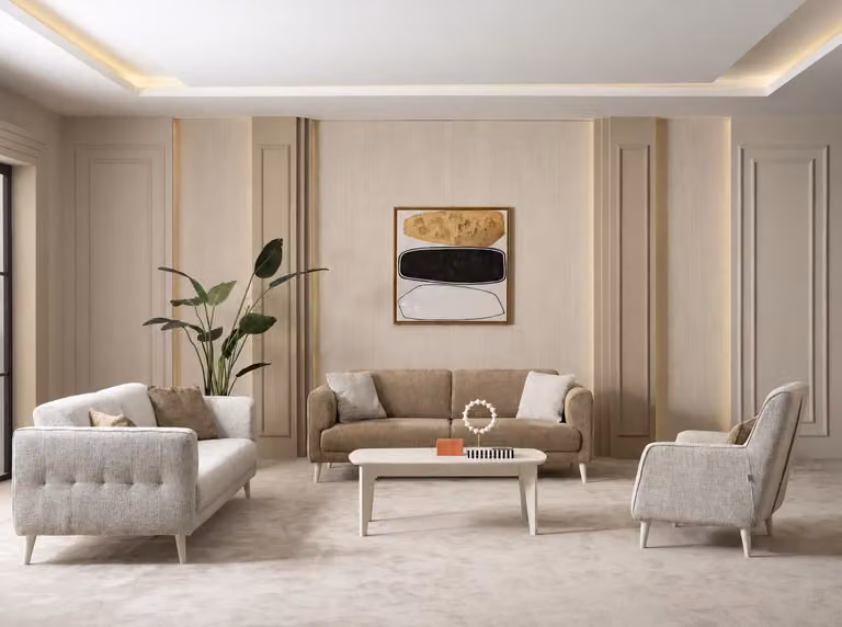 2 divani a 3 posti, poltrona, beige, marrone, tessuto, set moderno per soggiorno