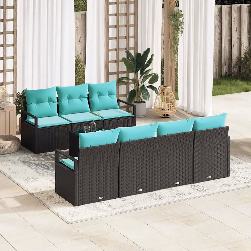 Set di divani da giardino vidaXL a 8 posti con tavolino, design moderno a forma di U in rattan, colore nero e turchese