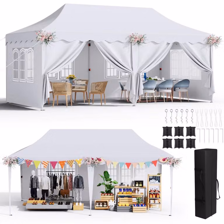 Gazebo da esterno 3x6 metri, bianco, impermeabile, con 6 pareti laterali e protezione UV 50+