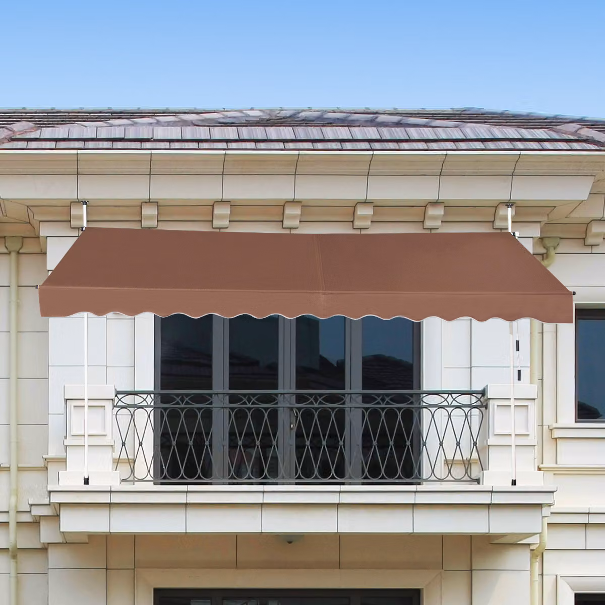 Tenda da sole retrattile Costway con manovra a bracci telescopici, impermeabile e resistente ai raggi UV, Marrone, L: 350 cm, H: 125 cm