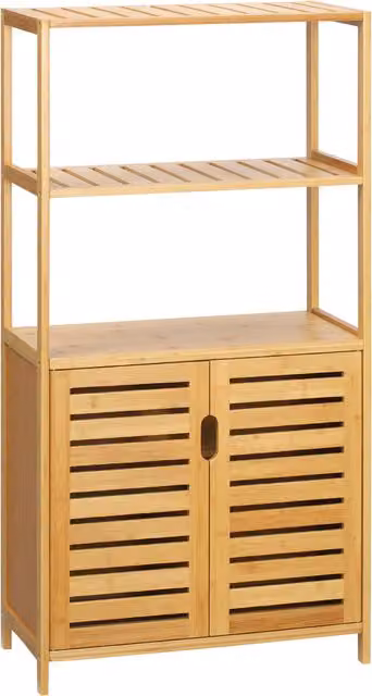 Mobiletto Bagno Moderno kleankin in Bambù con 2 Ripiani Aperti e Armadietto a 2 Ante, Naturale, L 60 cm x P 30 cm x H 120 cm