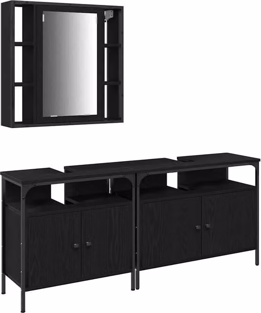 Set mobile da bagno minimalista composto da base lavabo e armadietto con specchio in legno e vetro, colore nero opaco, L: 80.0 cm, P: 42.35 cm, H: 60.0 cm