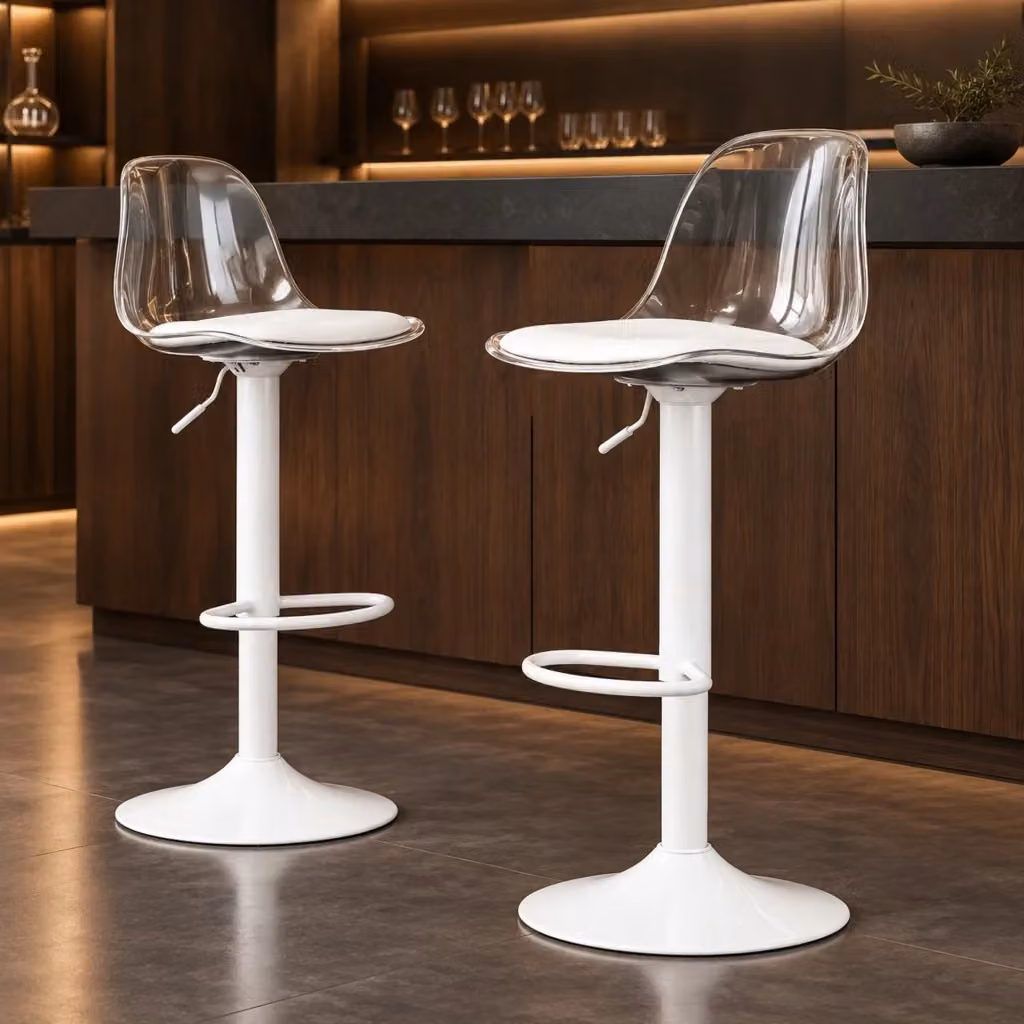 Set di 2 sgabelli da bar FOLYNA regolabili in altezza con schienale trasparente e base in metallo bianca, girevoli a 360° – 2
