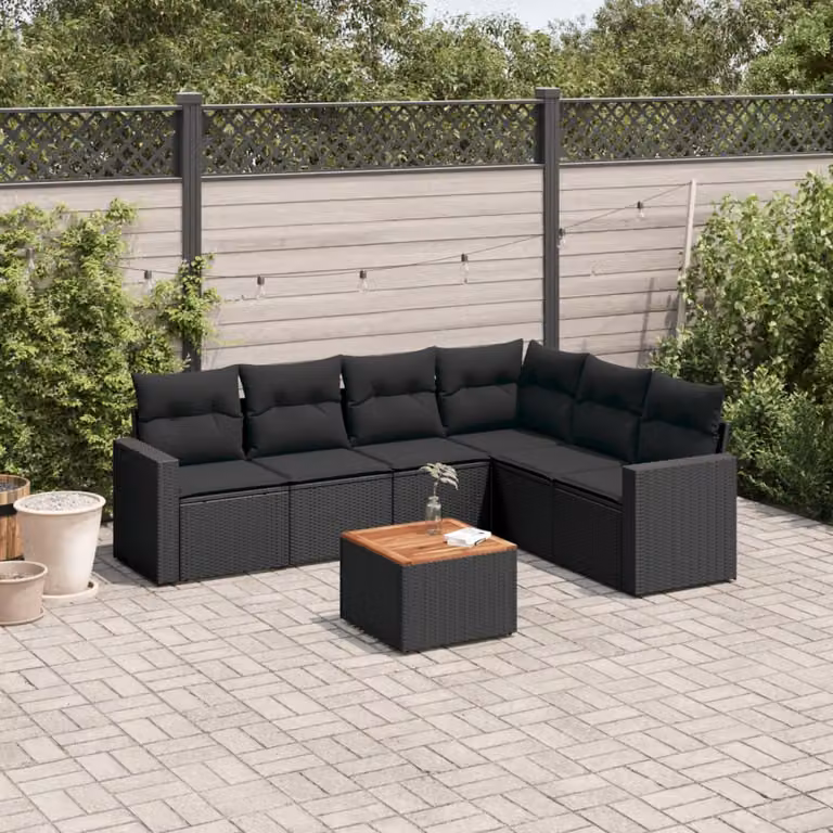 vidaXL Set Divani da Giardino a L con Cuscini 7pz Nero Polyrattan e Legno di Acacia