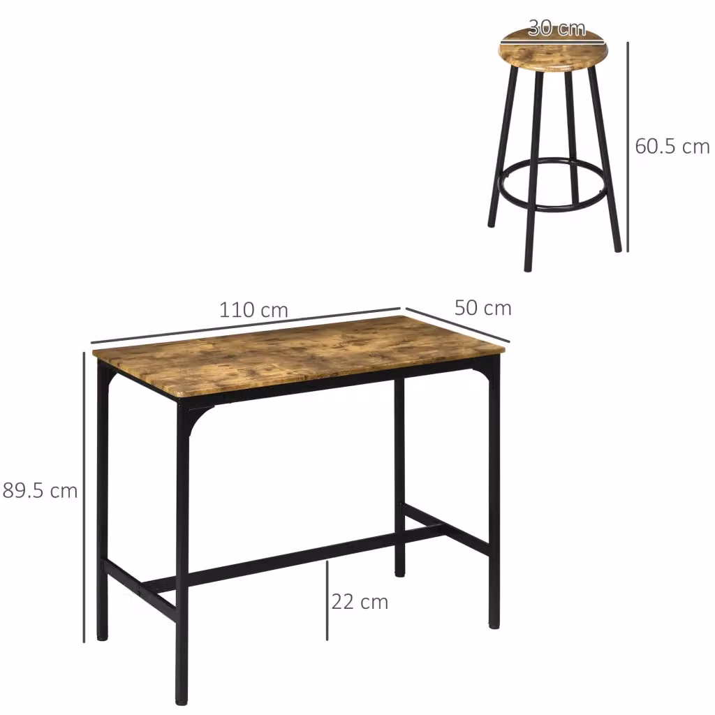 Set tavolo bar WISHDOR con 4 sgabelli in stile industriale, piano in MDF marrone e struttura in metallo nero, L: 110 cm, P: 50 cm, H: 89,5 cm – 2