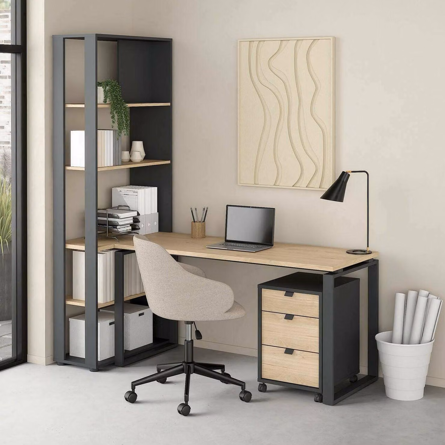 Dmora Scrivania Etienne 79.6x184.2x204.7h cm Grigio, 4 Vani un Cassetto