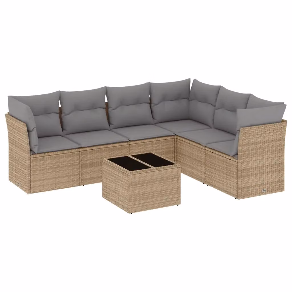 vidaXL Set Divani da Giardino 7 pz a L con Cuscini Beige in Polyrattan e Tavolino da Esterno – 2