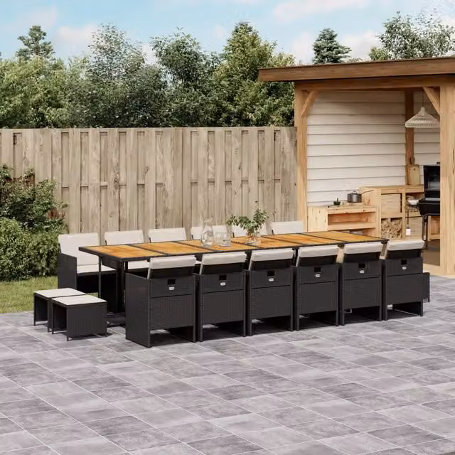 Set da pranzo da giardino vidaXL in polyrattan e legno di acacia con 17 pezzi e cuscini, colore nero