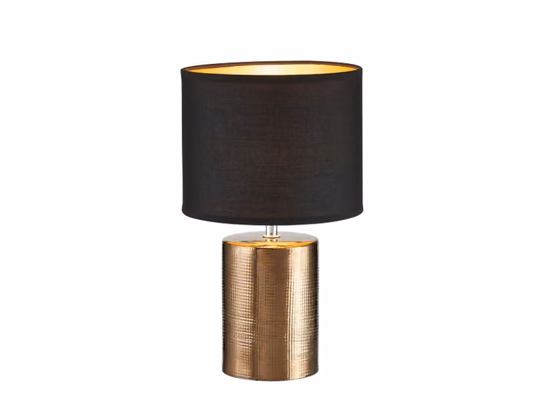Lampada da tavolo con base in Vetroceramica color bronzo e paralume in tessuto nero interno oro, altezza 35cm