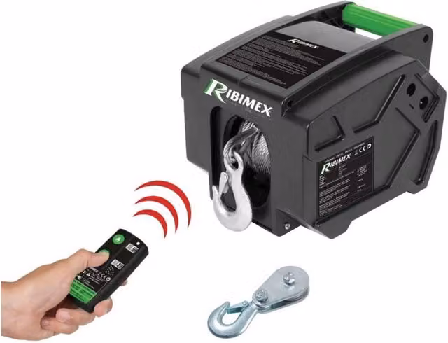 Verricello Elettrico RIBIMEX 12V con Telecomando e Cavo in Acciaio, Portata 5000kg, Nero – 1