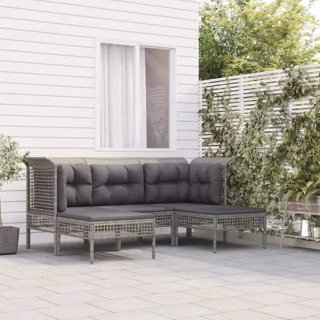 Set di Divani da Giardino a L vidaXL in Polyrattan Grigio con Cuscini e Ottoman – 1