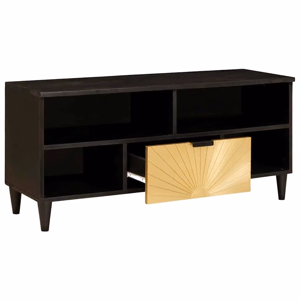 Elegante mobile porta TV moderno in legno MDF nero e oro con dettagli geometrici L: 100 cm, P: 33 cm, H: 46 cm – 2