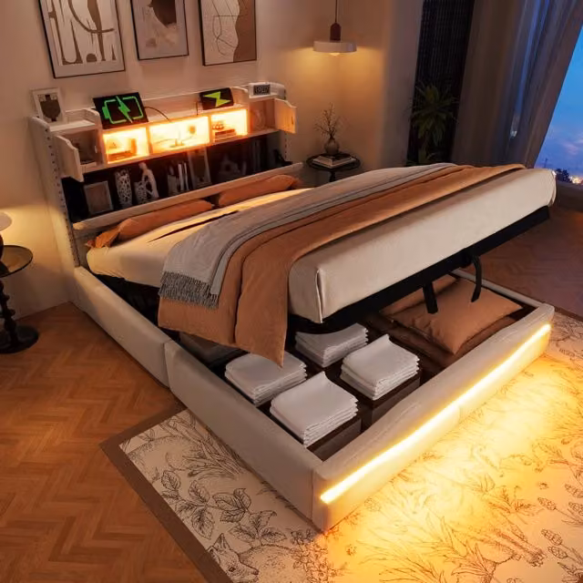 Letto imbottito ULEVR 140x200 cm con contenitore idraulico, LED, prese USB e Type-C, beige