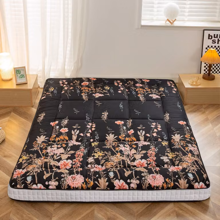 Materasso da futon, trapuntato, in stile giapponese, 90x200 cm, motivo floreale su sfondo nero, per letto singolo