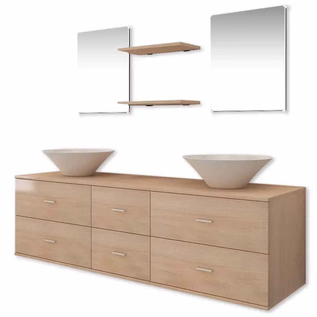 Set di mobili da bagno moderno vidaXL in legno e ceramica beige e bianco, composto da 7 pezzi con mobile sottolavabo e pensile a muro – 2