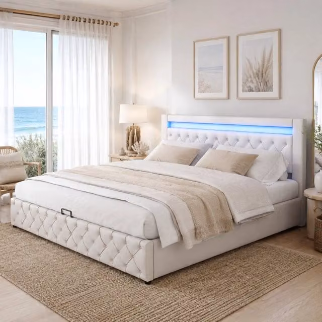 Letto imbottito ULEVR 180x200 cm con contenitore, rete a doghe e LED regolabile, rivestimento in PU bianco