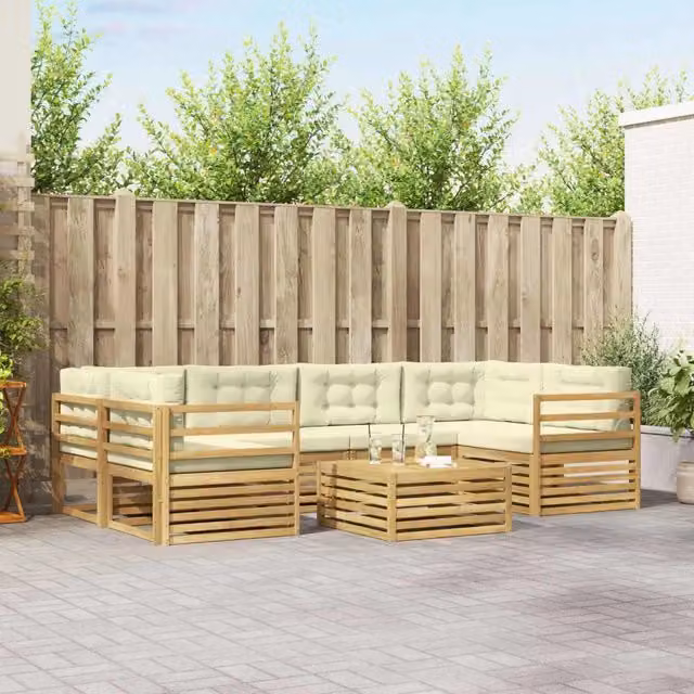 Set di divani da esterno a forma di U vidaXL composto da 7 pezzi con tavolino da caffè, in legno di acacia e tessuto bianco e beige – 1