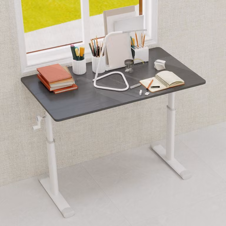 Scrivania regolabile in altezza, 100x60 cm, con manovella. Scrivania ergonomica, da standing o da seduta, per computer, per bambini o per l'ufficio. Colore: grigio
