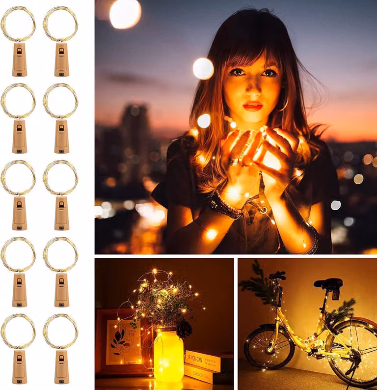 20 luci a LED a forma di candela, luce bianca calda, 10 pezzi, lunghezza 2 metri, alimentate a batteria
