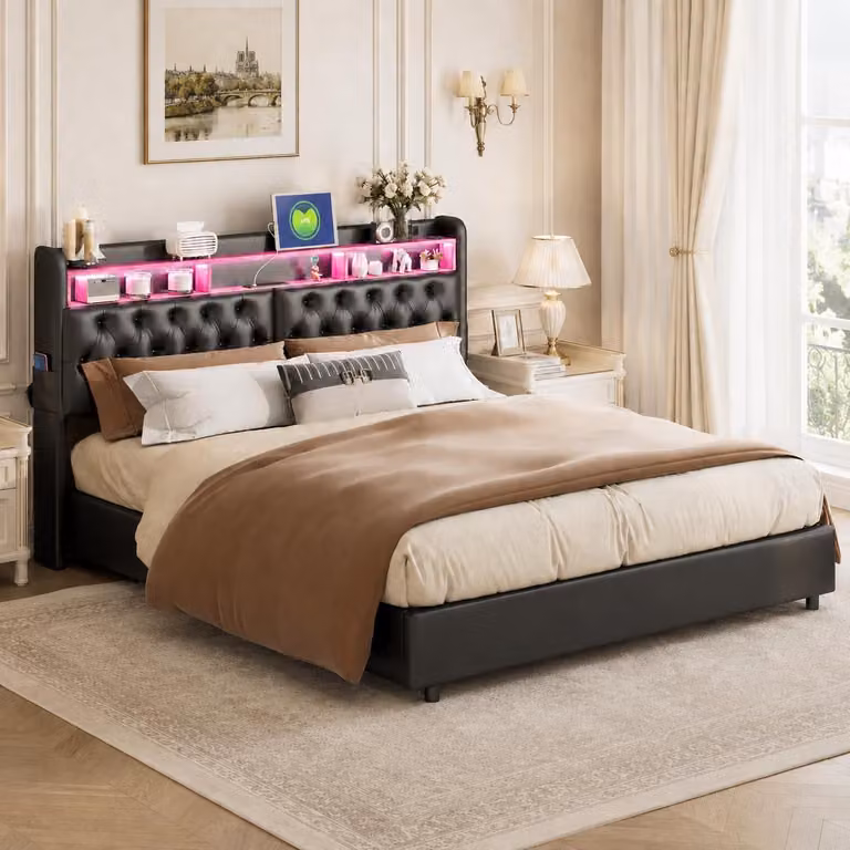 Letto imbottito INONEFT 180x200 cm con LED, prese USB e prese di corrente, letto a molle con contenitore integrato nella testiera, letto matrimoniale con rete a doghe e cassettiera, rivestito in ecopelle nera