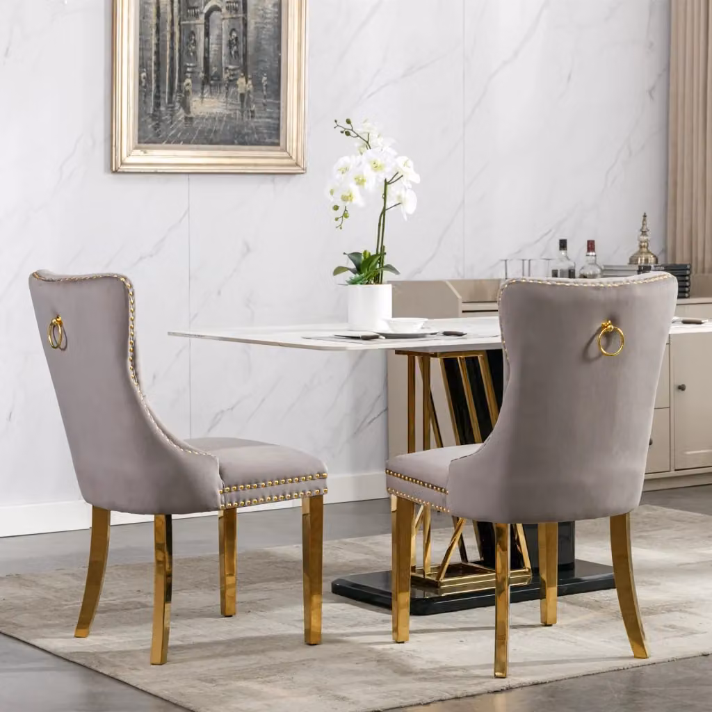 Set di 2 sedie da pranzo imbottite MINIMAL in velluto grigio con gambe in legno massello color oro – 2