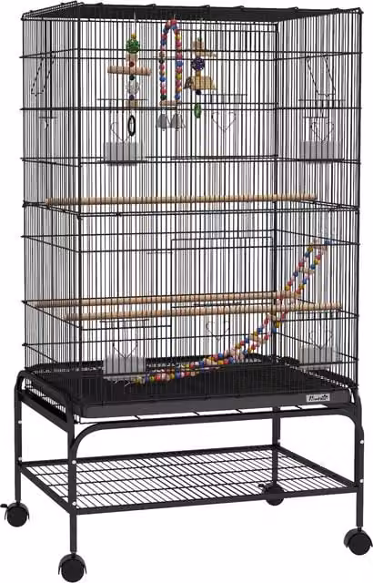 Gabbia per uccelli PawHut con area gioco, ruote, vassoio estraibile e mensola, Nero, H 110 x L 64 x P 45 cm – 1